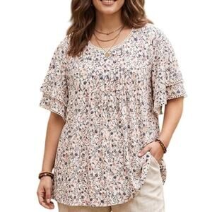Rose & Olive Floral Boho Top Womens 2X Ivory Blue Pink Flutter Sleeve Blouse